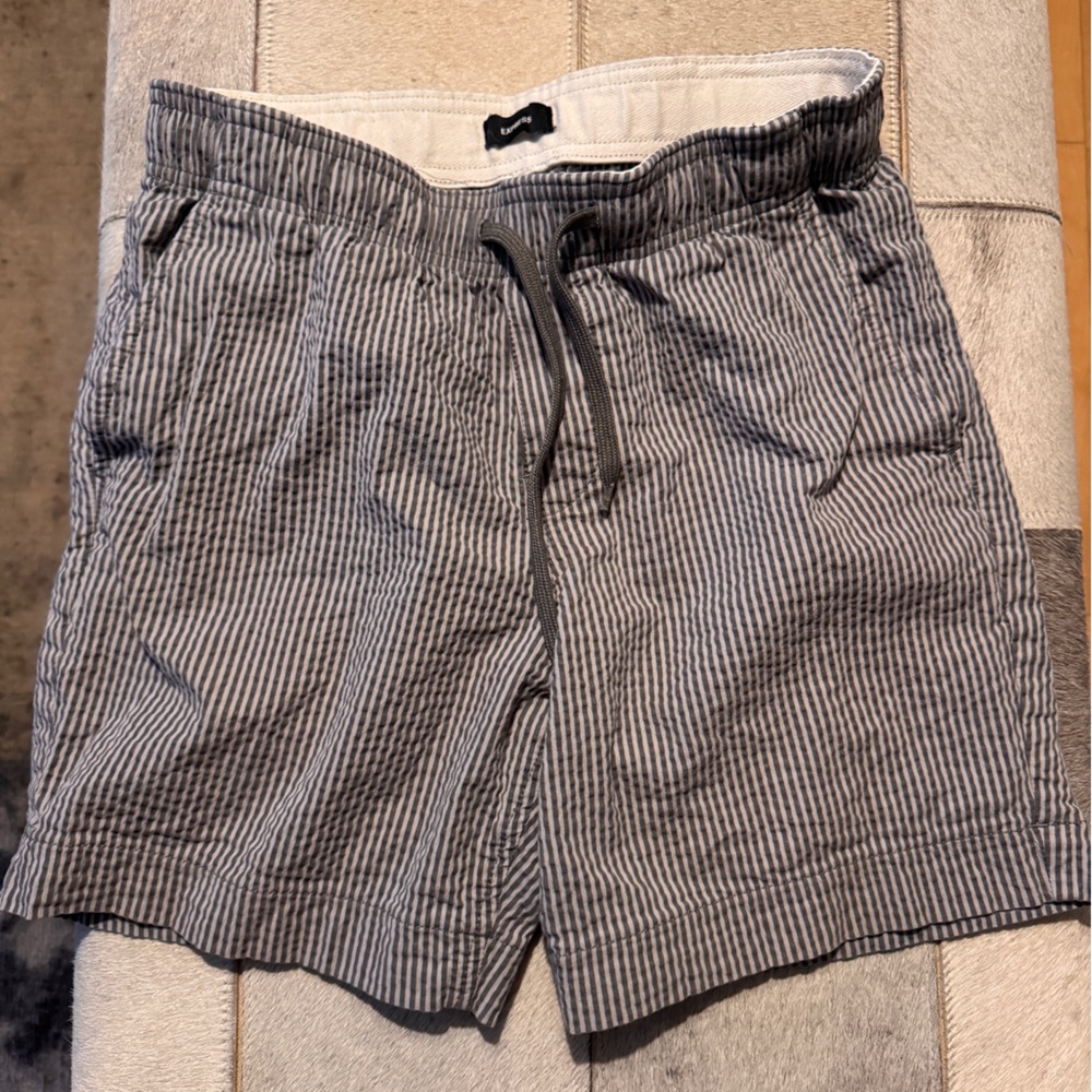 Express Gray and White Striped Shorts